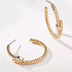 ANTHROPOLOGIE Twisted Gold Hoop Earrings With Crystals NWT